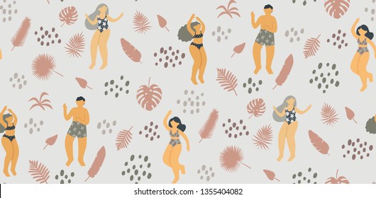 Seamless pattern with happy young people dancing in swimsuit surrounded by tropical leaves. Beautiful ladies and men on the beach. Element for a summer party in the flat style. 
