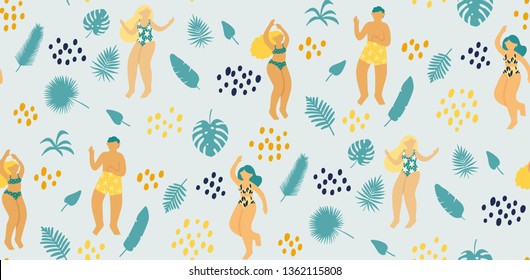 Seamless pattern with happy young people dancing in swimsuit surrounded by tropical leaves. Beautiful ladies and men on the beach. Element for a summer party in the flat style. 