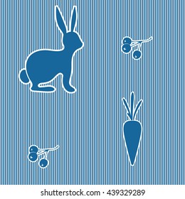 Seamless pattern with hare, berries and carrot. Silhouettes in striped background. Monochrome. 