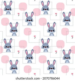 Seamless pattern with hare and geometric pink abstract shapes on a white background. Cute animal with a smile. Vector illustration in cartoon style for children