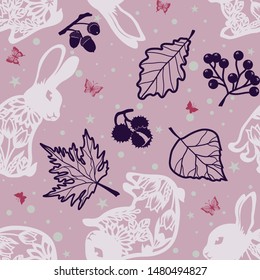 seamless pattern with hare and mushroom, chestnut, berry, leaf. background.