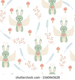 seamless pattern with hare and mushroom, chestnut, berry, leaf. background.