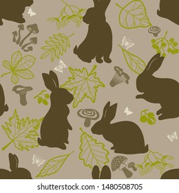 seamless pattern with hare and mushroom, leaf. background.