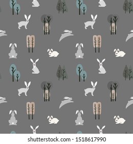 Seamless pattern with hare, rabbit and different elements. Illustration hand drawn in scandinavian style.