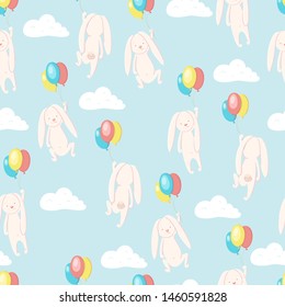 Seamless pattern сute hare and rabbit flying in the sky on balloons