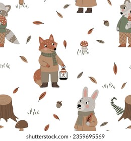 
Seamless pattern with hare, raccoon, fox and leaves on a white background for children's textiles, scrapbooking paper, cards.