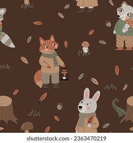 Seamless pattern with hare, raccoon, fox and leaves for children's textiles, scrapbooking paper, cards.