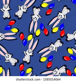 Seamless pattern with hares and balloons on a blue background. Stock vector illustration for decoration and design, wrapping paper, wallpaper, children, fabrics, web pages, holidays and more