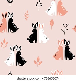 Seamless pattern with hares, branches and flowers. Cute cartoon background for kids. Graphic design for paper, textile print, page fill 