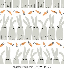 Seamless pattern with hares and carrots in a row. Vector flat gray rabbit with food. Funny bunny on white background. Pet print. Hand drawn illustration. Striped wallpaper with animals and vegetables