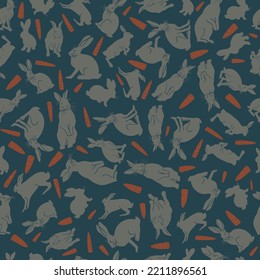 Seamless pattern hares. Christmas print on a dark background. Vector illustration