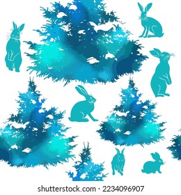 Seamless pattern hares and Christmas trees. Vector illustration