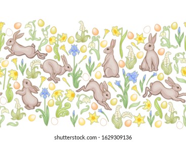 Seamless pattern with a hares, colored eggs and spring flowers for easter. Colored vector illustration. In art nouveau style, vintage, old, retro style. Isolated on white background.