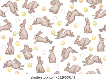 Seamless pattern with a hares, colored eggs for easter. Colored vector illustration. In art nouveau style, vintage, old, retro style. Isolated on white background.