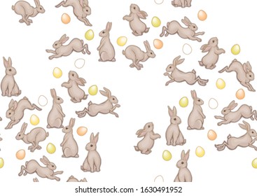Seamless pattern with a hares, colored eggs for easter. Colored vector illustration. In art nouveau style, vintage, old, retro style. Isolated on white background.