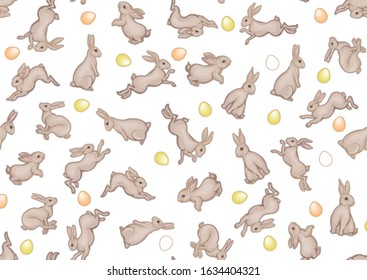 Seamless pattern with a hares, colored eggs for easter. Colored vector illustration. In art nouveau style, vintage, old, retro style. Isolated on white background.