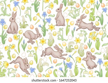 Seamless pattern with a hares, colored eggs and spring flowers for easter. Colored vector illustration. In art nouveau style, vintage, old, retro style. Isolated on white background.