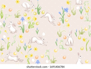 Seamless pattern with a hares, colored eggs and spring flowers for easter. Colored vector illustration. In art nouveau style, vintage, old, retro style. On soft beige background.