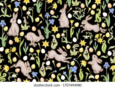 Seamless pattern with a hares, colored eggs and spring flowers for easter. Colored vector illustration. In art nouveau style, vintage, old, retro style. Isolated on black background.