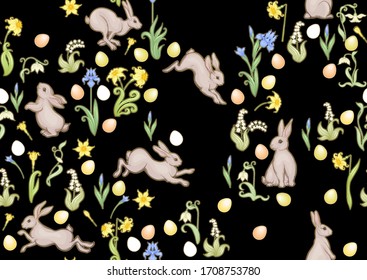 Seamless pattern with a hares, colored eggs and spring flowers for easter. Colored vector illustration. In art nouveau style, vintage, old, retro style. Isolated on black background.