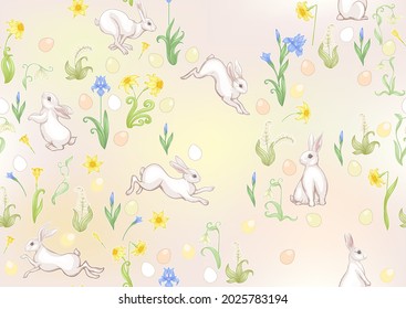 Seamless pattern with a hares, colored eggs and spring flowers for easter. Colored vector illustration. In art nouveau style, vintage, old, retro style. On soft green and yellow background.