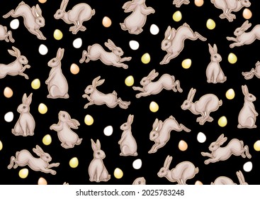 Seamless pattern with a hares, colored eggs for easter. Colored vector illustration. In art nouveau style, vintage, old, retro style. Isolated on black background.
