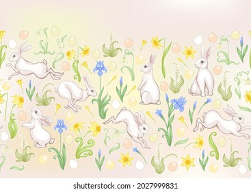 Seamless pattern with a hares, colored eggs and spring flowers for easter. Colored vector illustration. In art nouveau style, vintage, old, retro style. On soft green and yellow background.