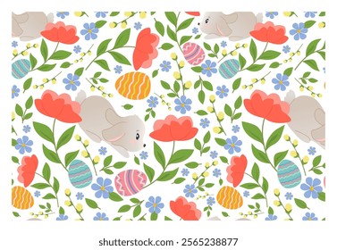 Seamless pattern with hares and easter eggs on white background. Cute bunny with flowers and pawl eggs. Vector illustration for poster, invitation, card or fabric