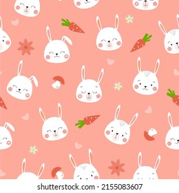 Seamless pattern with hares, flowers and carrots, hearts. Summer print with funny rabbits. Vector graphics.