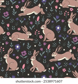 Seamless pattern with hares and flowers on a dark background. Vector graphics.