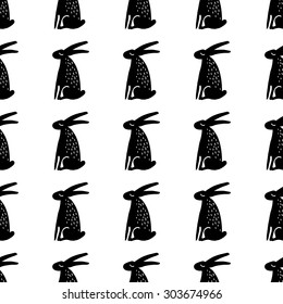 Seamless pattern with hares. Graphic hand drawn background.