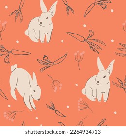 Seamless pattern with hares, leaf, ornaments. Easter concept. Trendy pattern. Can be used as wallpapers, wrapping paper, cards, etc. Hand drawn style. Easter spring vector illustration. 