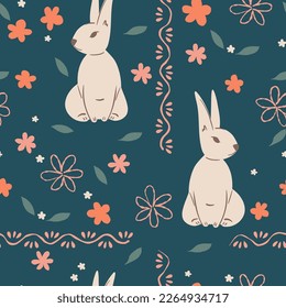 Seamless pattern with hares, leaf, ornaments. Easter concept. Trendy pattern. Can be used as wallpapers, wrapping paper, cards, etc. Hand drawn style. Easter spring vector illustration. 