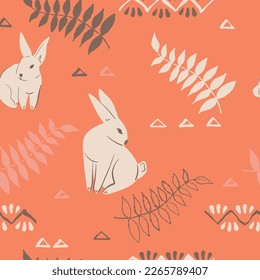 Seamless pattern with hares, leaf, ornaments. Easter concept. Trendy pattern. Can be used as wallpapers, wrapping paper, cards, etc. Hand drawn style. Easter spring vector illustration. 