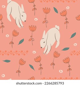 Seamless pattern with hares, leaf, ornaments. Easter concept. Trendy pattern. Can be used as wallpapers, wrapping paper, cards, etc. Hand drawn style. Easter spring vector illustration. 