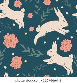Seamless pattern with hares, leaf, ornaments. Easter concept. Trendy pattern. Can be used as wallpapers, wrapping paper, cards, etc. Hand drawn style. Easter spring vector illustration. 