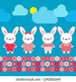 Seamless pattern. Hares in pink clothes on a blue background with flowers. Kawaii. Pink seam. Vector illustration. Can be used for wallpaper, textile, invitation card, wrapping, web page background.