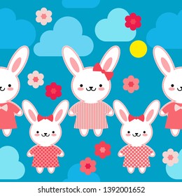 Seamless pattern. Hares in pink clothes on a blue background with flowers. Kawaii. Pink seam. Vector illustration. Can be used for wallpaper, textile, invitation card, wrapping, web page background.