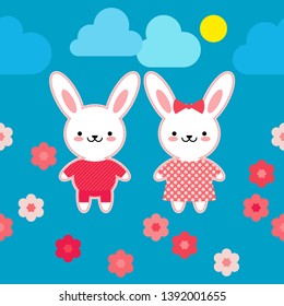 Seamless pattern. Hares in pink clothes on a blue background with flowers. Kawaii. Pink seam. Vector illustration. Can be used for wallpaper, textile, invitation card, wrapping, web page background.