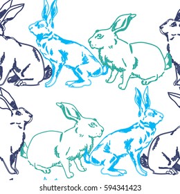 Seamless pattern with hares and rabbits. Drawing by hand in  vintage style. Background with animals.