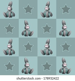 Seamless pattern with hares and stars on a blue background