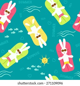 Seamless pattern with hares in sunglasses on a mattress on the sea. Funny cartoon design on the theme of holiday at the sea.