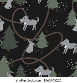 Seamless pattern with hares and wolves in the forest on a black background. Decorative wallpaper for the nursery in the Scandinavian style. Vector. Suitable for children's clothing, interior design