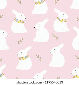 Seamless pattern hares with wreaths. Autumn spring design for postcards, banners, textiles. Vector illustration for printing.
