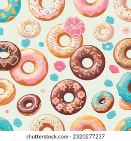 Seamless pattern of harmonious donut designs vector illustration. Sweet donut