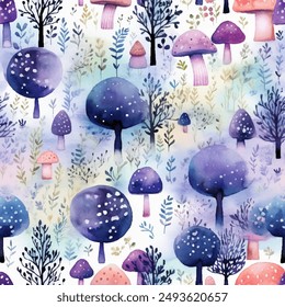 Seamless pattern of harmonious mix of trees and mushrooms set against a white backdrop with varying hues of purple and violet, inspiration from nature to create a distinctive artistic piece watercolor