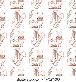 Seamless pattern with a harp and a cat in a high hat.