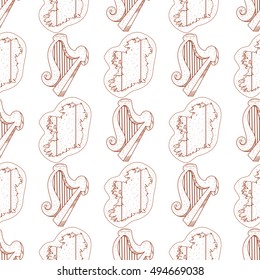 Seamless pattern with a harp and a contour map of Ireland.