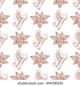 Seamless pattern with harp and hops branch.