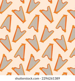 Seamless pattern of a harp on a beige background.Vector hand drawn illustration.
